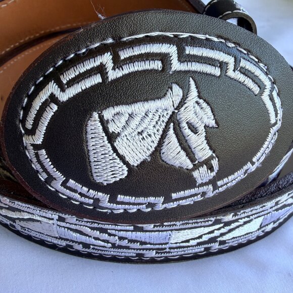 Embroidered Horse Brown Charro Belt Western Cowboy Mexican Size 34 - Picture 2 of 10